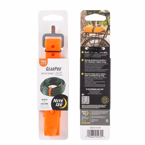 GearPro Utility Strap, 092 in W, 18 in L, 70 lb Working Load, AluminumRubber, Bright Orange, Nite Ize, Mfr#: USS18-31-R3
